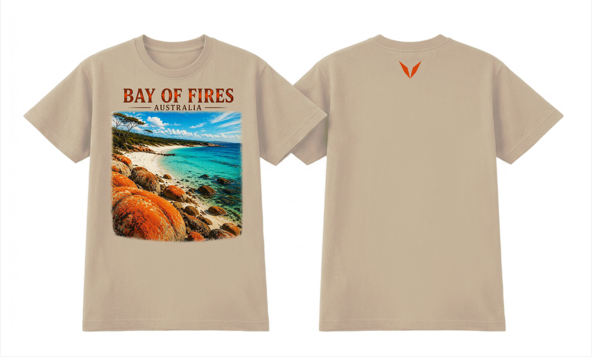 Front and back preview of the Ecru Voltare Bay of Fires Orange Rocks Coastal tee with orange boulders and turquoise coastline artwork and a vivid orange back V