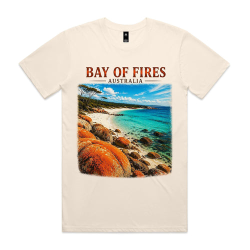 Ecru Voltare Bay of Fires tee featuring orange coastal boulders, white sand and turquoise water beneath Bay of Fires Australia lettering