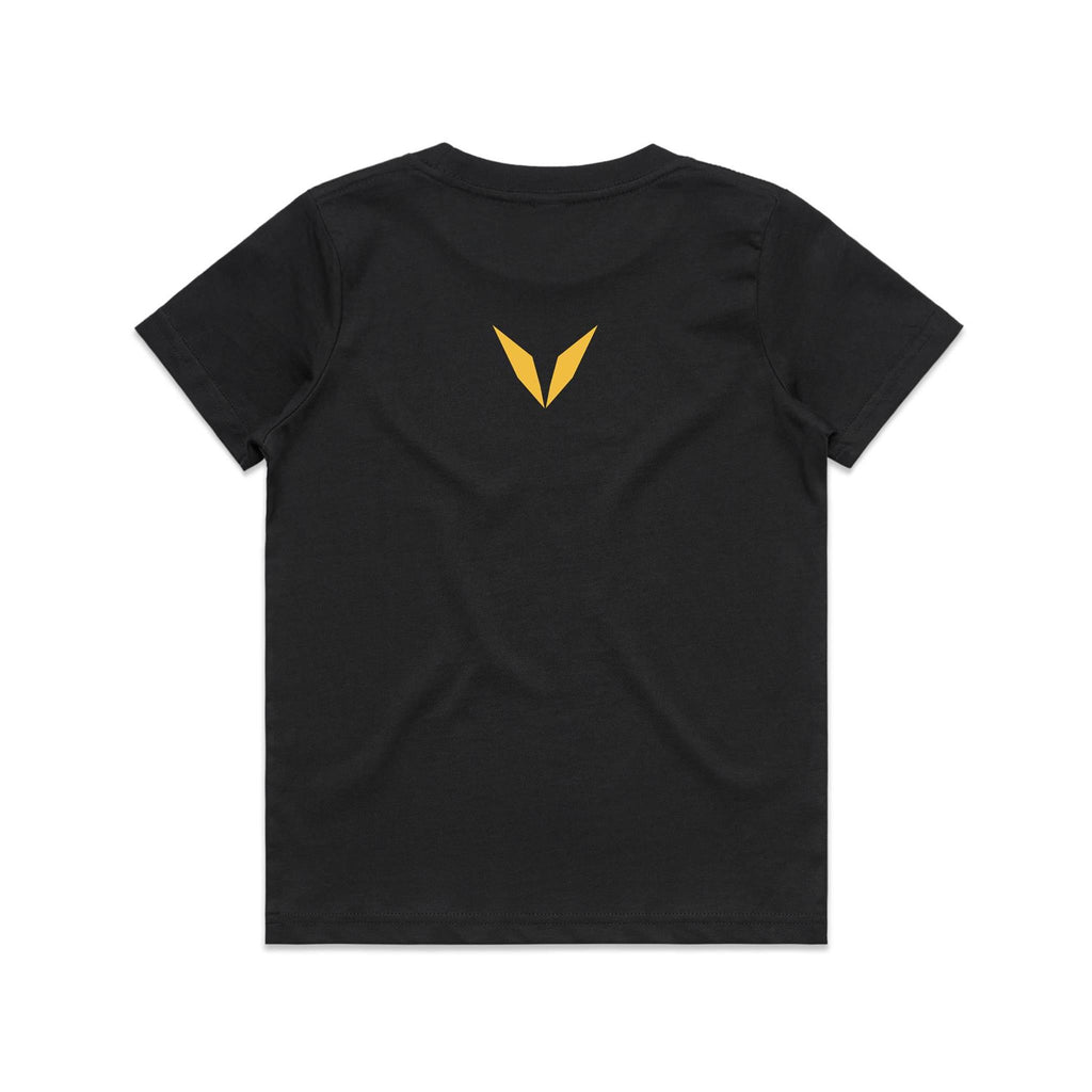 Back of Voltare Bee Tiny Explorers kids tee in Black with golden-yellow Voltare V logo