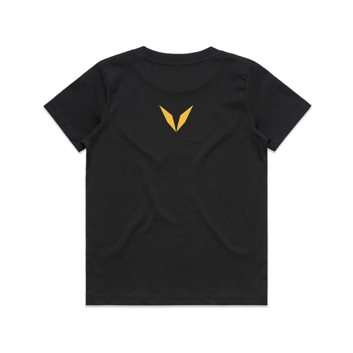 Back of Voltare Bee Tiny Explorers kids tee in Black with golden-yellow Voltare V logo