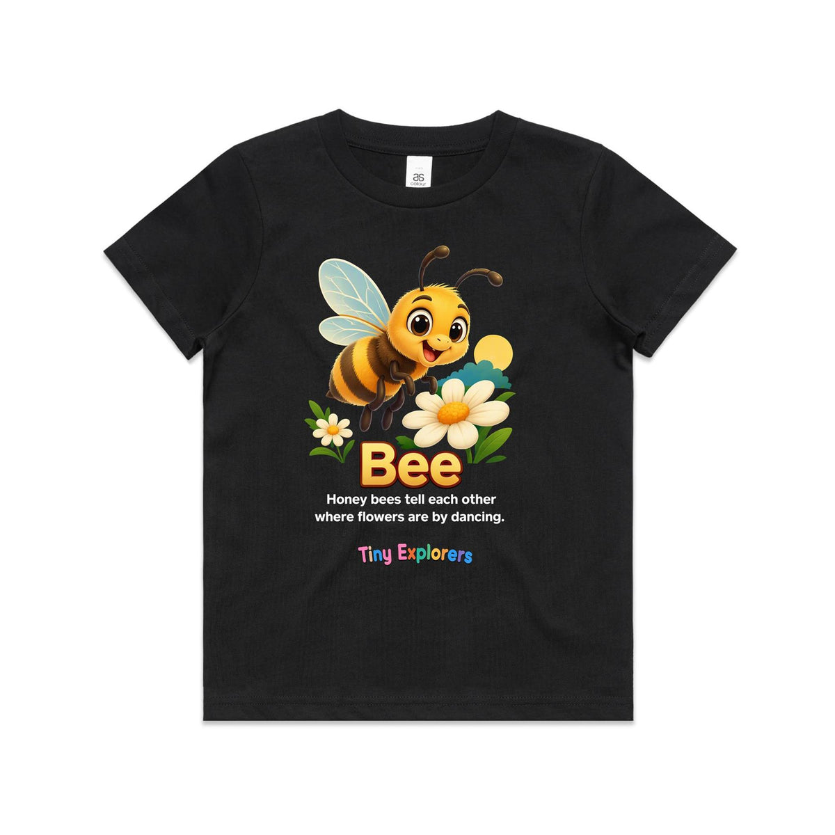 Front of Voltare Bee Tiny Explorers kids tee in Black with cheerful bee and flower artwork and dancing-bee fact