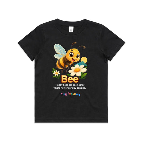 Front of Voltare Bee Tiny Explorers kids tee in Black with cheerful bee and flower artwork and dancing-bee fact