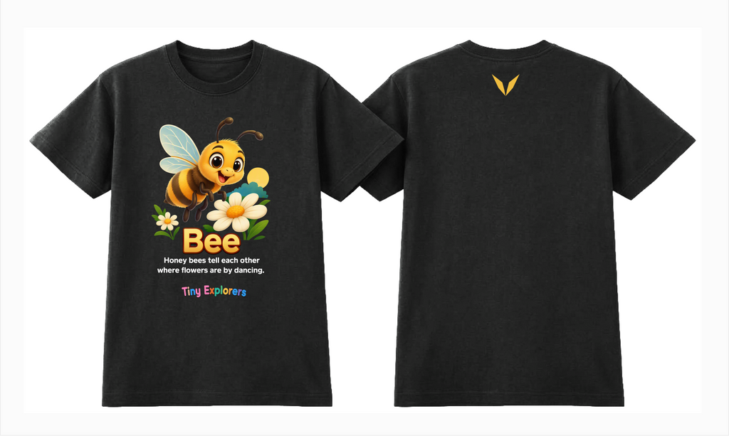 Front and back design preview of Voltare Bee Tiny Explorers kids tee in Black with bee artwork and golden-yellow Voltare V logo