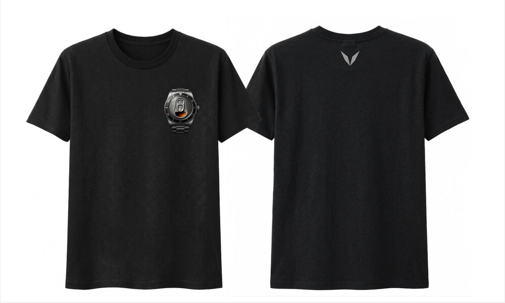 Front and back preview of the Black Voltare Beer O’Clock tee with a beer-watch left-chest print and grey back V