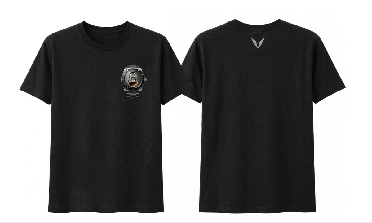 Front and back preview of the Black Voltare Beer O’Clock tee with a beer-watch left-chest print and grey back V