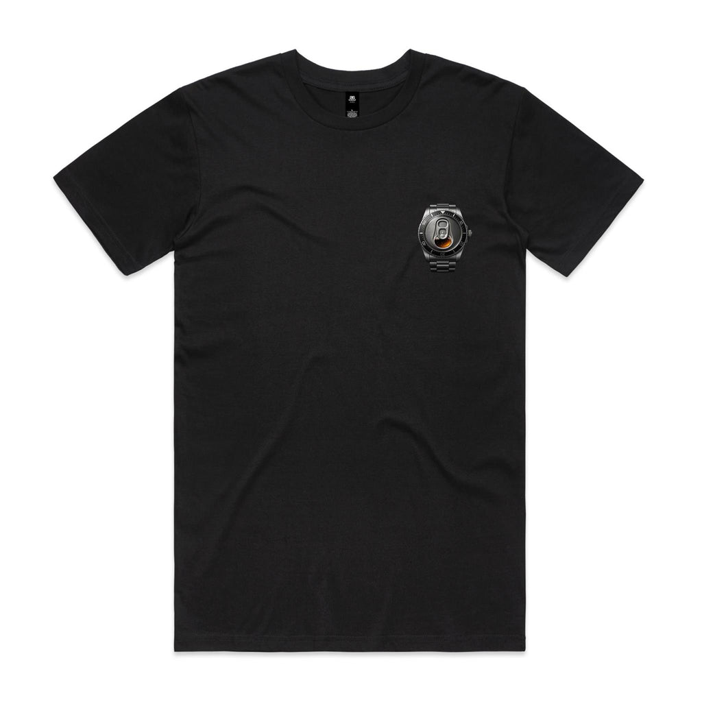 Black Voltare Beer O’Clock tee featuring a small left-chest metallic watch illustration with a beer-can pull tab and amber beer detail
