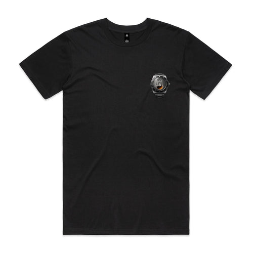 Black Voltare Beer O’Clock tee featuring a small left-chest metallic watch illustration with a beer-can pull tab and amber beer detail