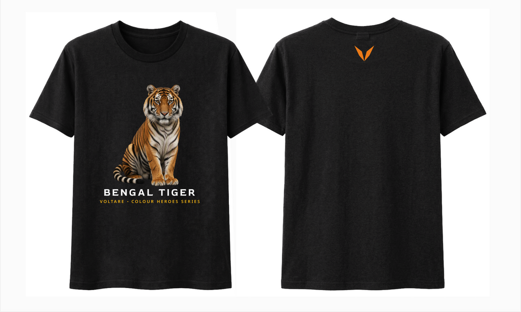 Front and back preview of the black Voltare Bengal Tiger Colour Heroes Worldwide T-shirt, with tiger artwork on the front and an orange Voltare V on the back.


