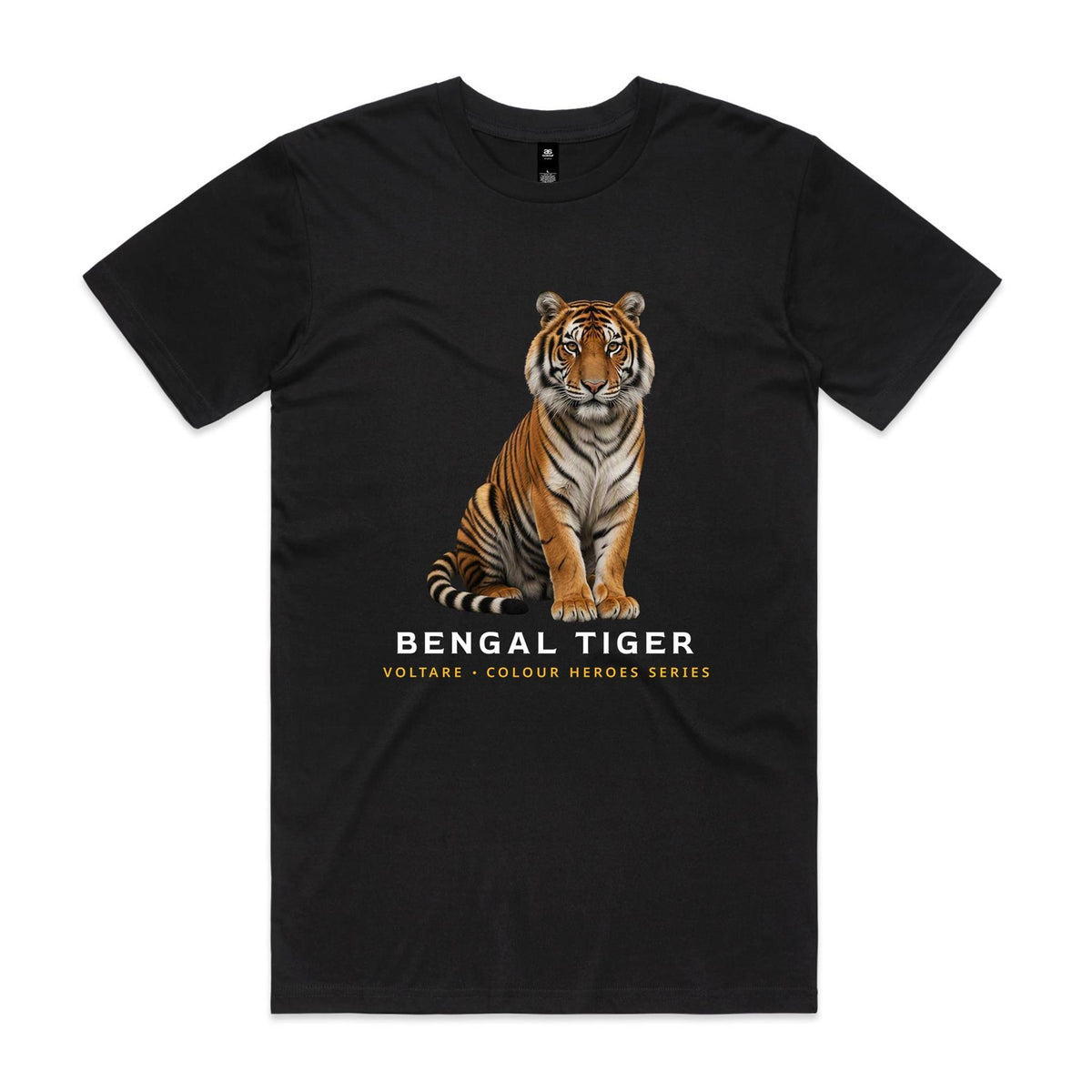 Front of the black Voltare Bengal Tiger Colour Heroes Worldwide T-shirt with a seated orange tiger, black stripes, a white chest and a curled tail.