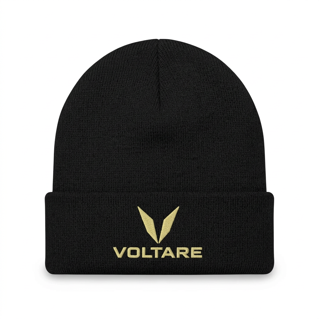 Rear-view mockup of a black Voltare knit beanie on a white background, showing a gold V above the VOLTARE wordmark on the folded cuff.

