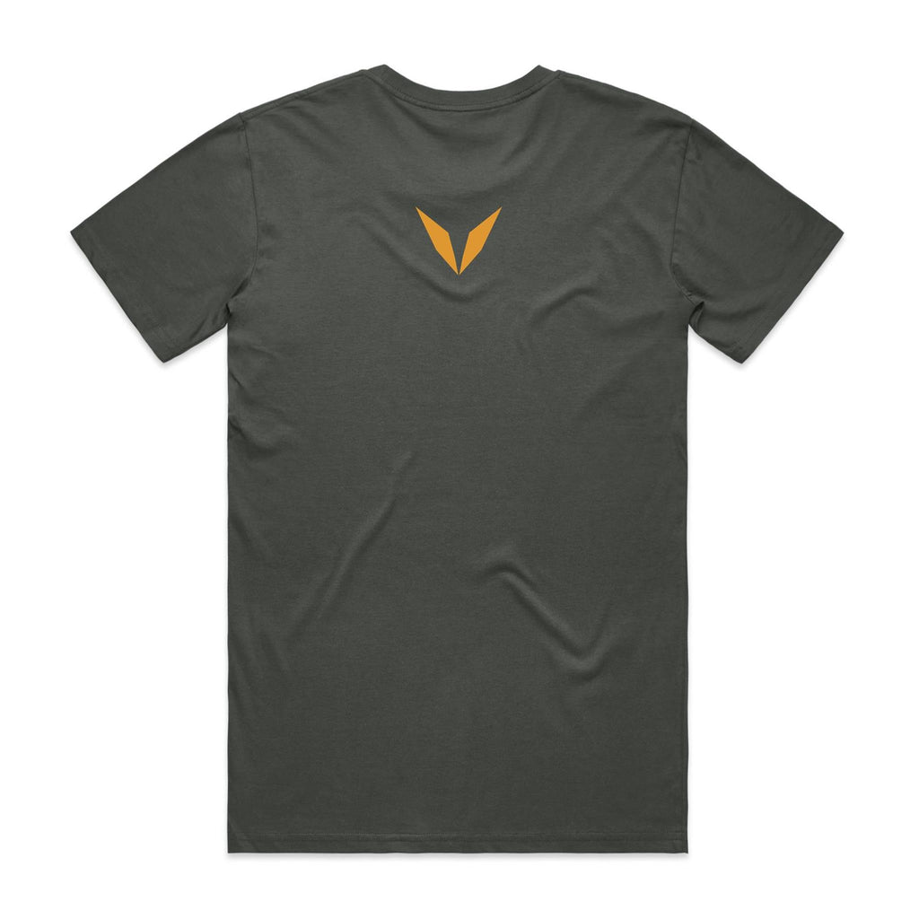 Back of the charcoal Voltare Black Falcon Sky Hunters T-shirt with a small golden-yellow Voltare V logo at the upper back.