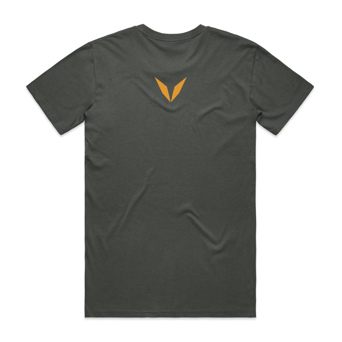 Back of the charcoal Voltare Black Falcon Sky Hunters T-shirt with a small golden-yellow Voltare V logo at the upper back.