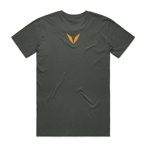 Back of the charcoal Voltare Black Falcon Sky Hunters T-shirt with a small golden-yellow Voltare V logo at the upper back.