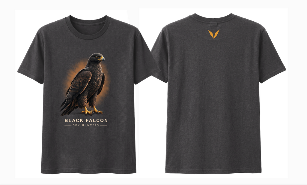 Front and back preview of the charcoal Voltare Black Falcon Sky Hunters T-shirt, with dark falcon artwork on the front and a small golden-yellow Voltare V logo on the upper back.