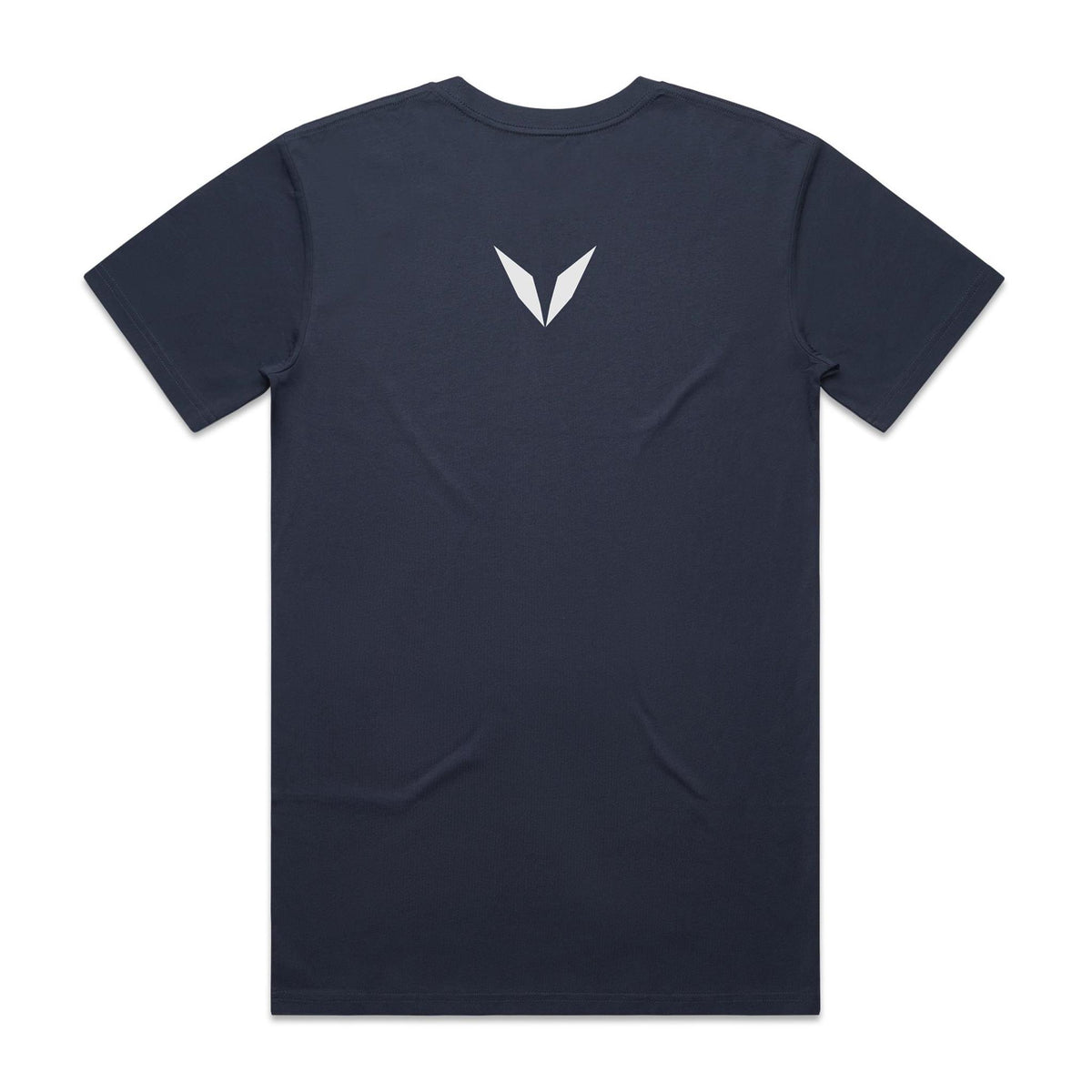 Back of the midnight blue Voltare Black-shouldered Kite Sky Hunters T-shirt with a small pale Voltare V logo at the upper back.