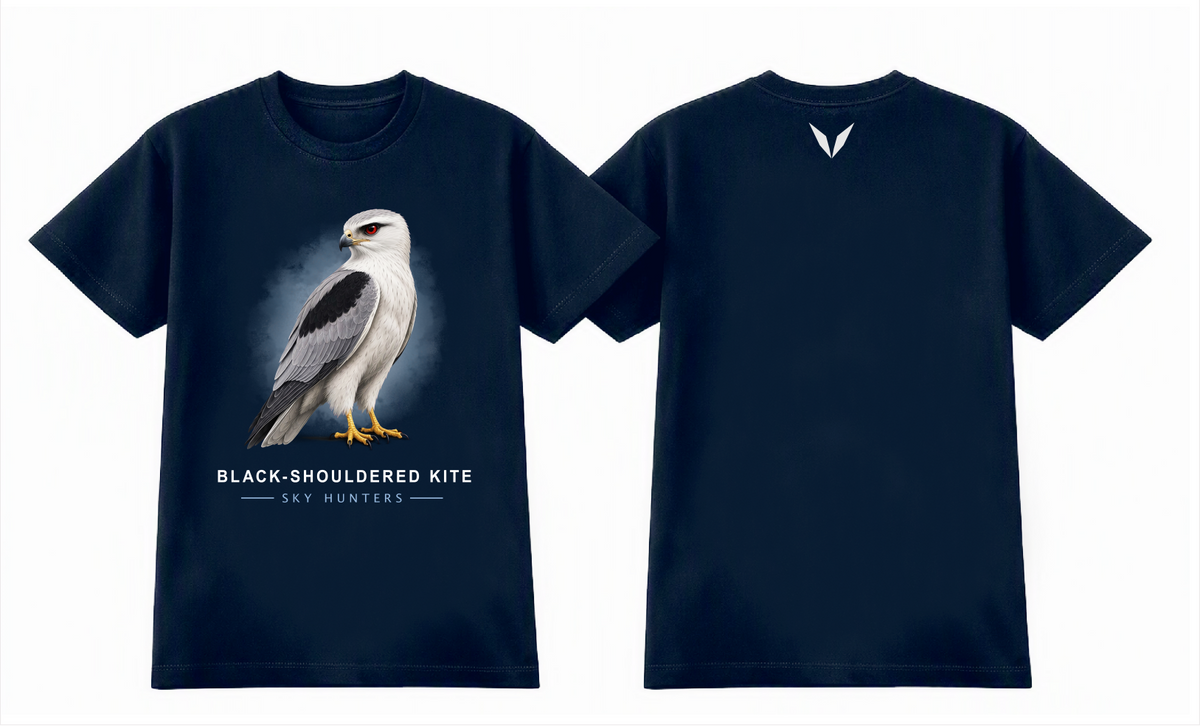 Front and back views of the midnight blue Voltare Black-shouldered Kite Sky Hunters T-shirt, with illustrated kite artwork on the front and a small pale Voltare V logo on the upper back.