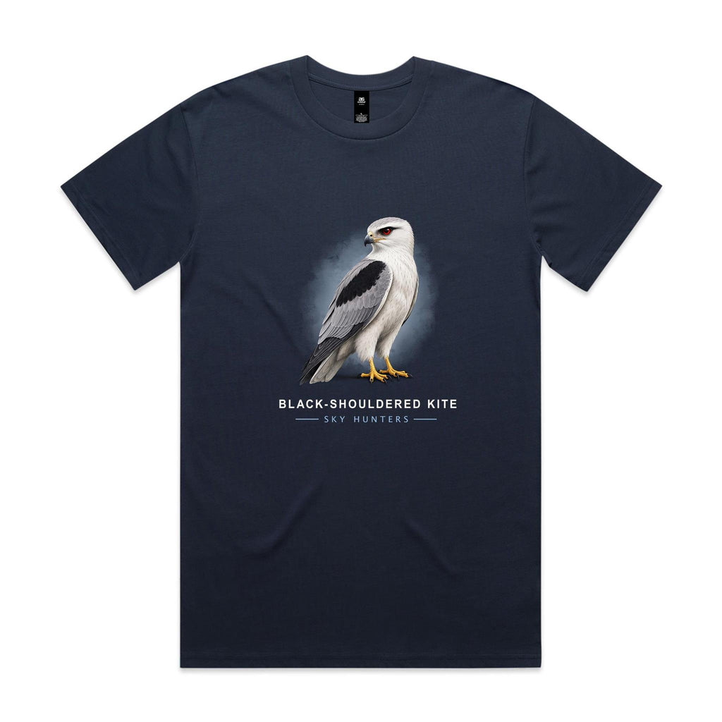 Front of the midnight blue Voltare Black-shouldered Kite Sky Hunters T-shirt with a pale illustrated kite, black shoulder markings, a red eye and a soft blue backdrop.