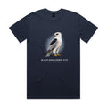 Front of the midnight blue Voltare Black-shouldered Kite Sky Hunters T-shirt with a pale illustrated kite, black shoulder markings, a red eye and a soft blue backdrop.