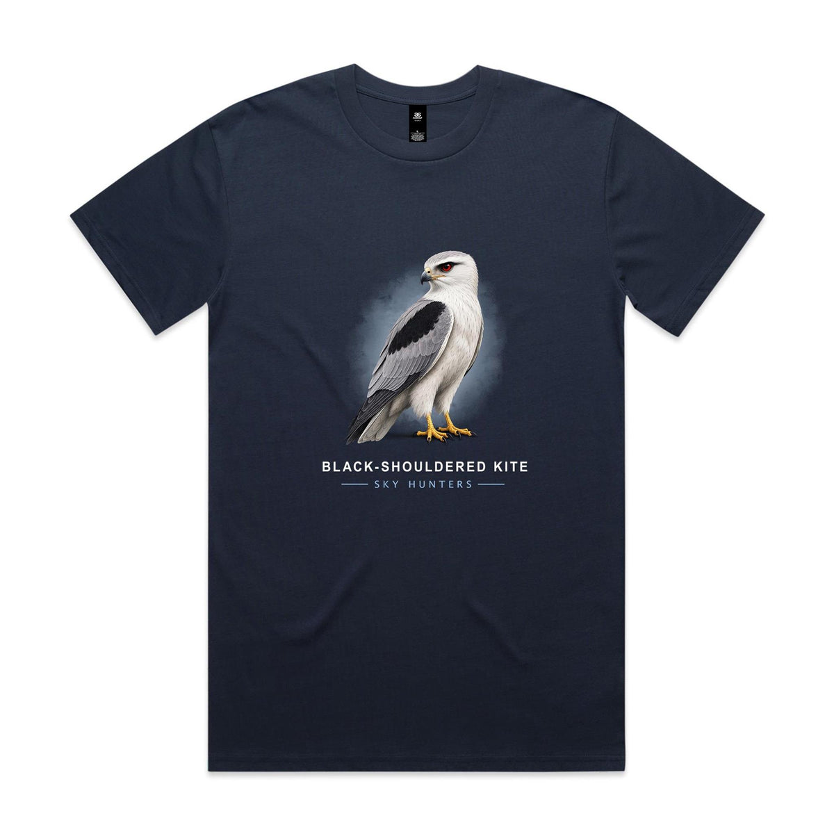 Front of the midnight blue Voltare Black-shouldered Kite Sky Hunters T-shirt with a pale illustrated kite, black shoulder markings, a red eye and a soft blue backdrop.