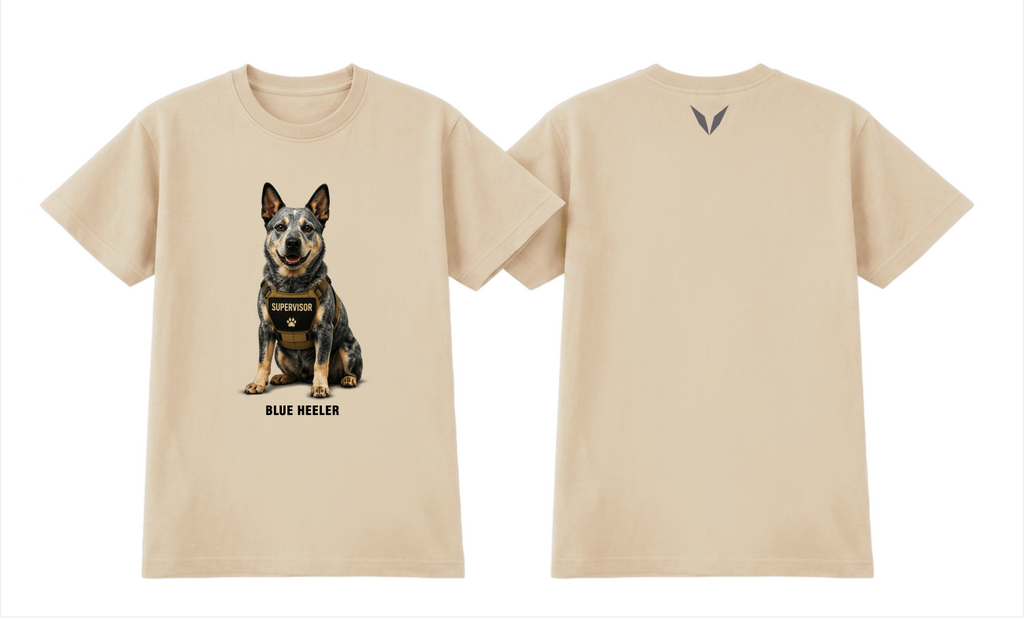 Front and back preview of the Ecru Voltare Blue Heeler Supervisor tee, showing dog artwork and lettering on the front and a slate-grey V on the back.

