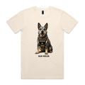 Ecru Voltare adult tee featuring a blue-grey speckled Blue Heeler wearing a tan harness with a Supervisor badge, paw-print detail and black Blue Heeler lettering.