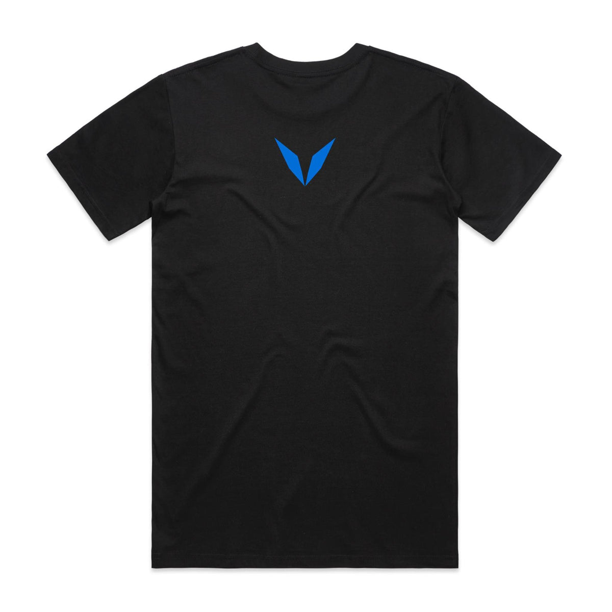 Back of the black Voltare Blue Poison Dart Frog Colour Heroes Worldwide T-shirt with a small blue Voltare V logo at the upper back.