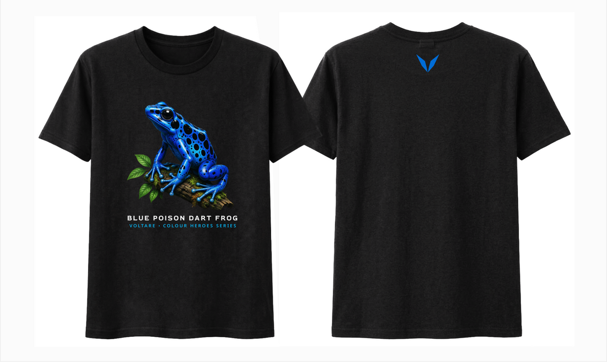 Front and back preview of the black Voltare Blue Poison Dart Frog Colour Heroes Worldwide T-shirt, with frog artwork on the front and a blue Voltare V on the back.


