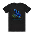 Front of the black Voltare Blue Poison Dart Frog Colour Heroes Worldwide T-shirt with a blue, black-spotted frog perched on a leafy, mossy branch.