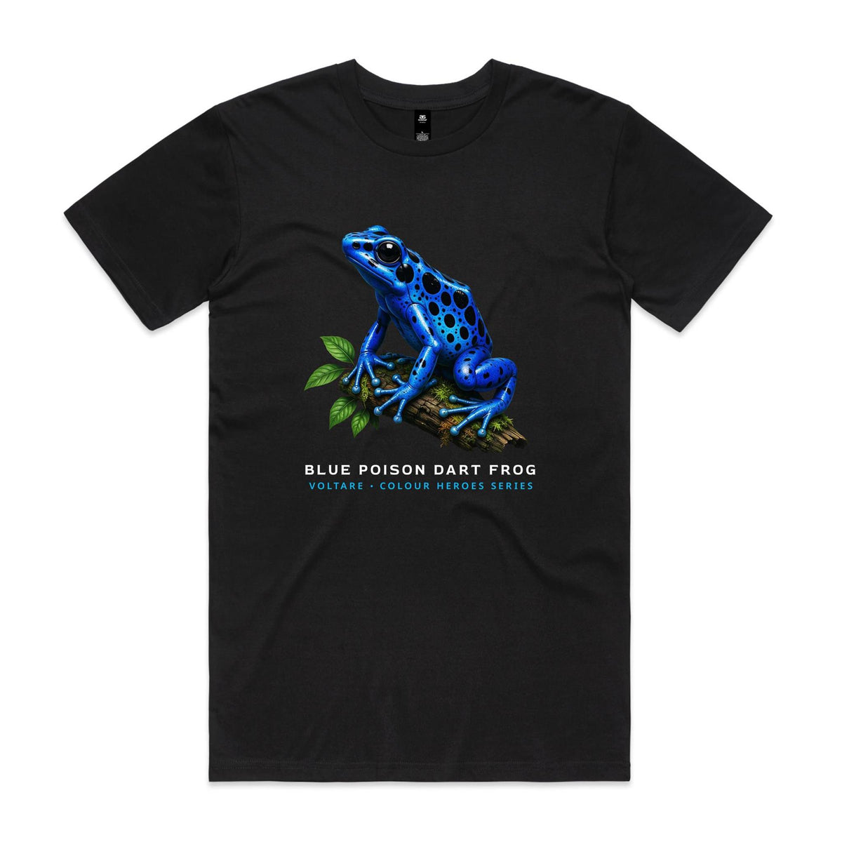 Front of the black Voltare Blue Poison Dart Frog Colour Heroes Worldwide T-shirt with a blue, black-spotted frog perched on a leafy, mossy branch.
