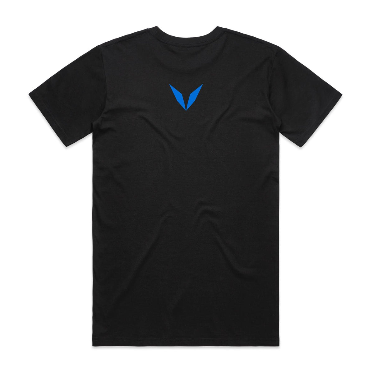 Back of the black Voltare Blue-ringed Octopus Colour Heroes Worldwide T-shirt with a small blue Voltare V logo at the upper back.