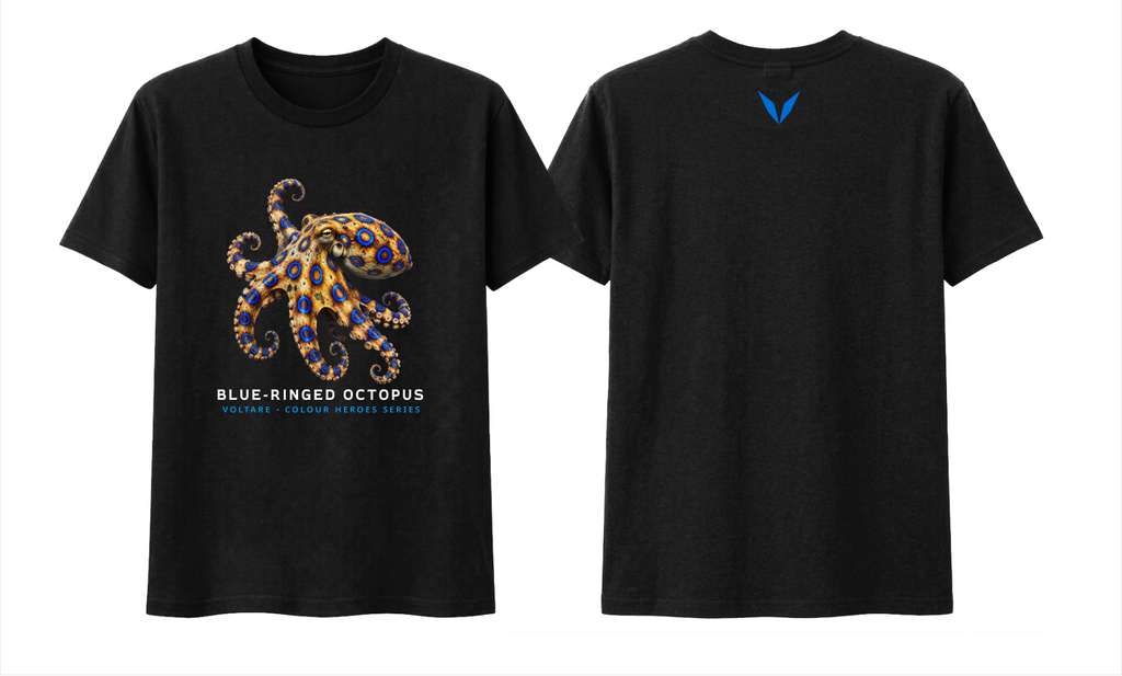 Front and back preview of the black Voltare Blue-ringed Octopus Colour Heroes Worldwide T-shirt, with octopus artwork on the front and a blue Voltare V on the back.