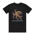 Front of the black Voltare Blue-ringed Octopus Colour Heroes Worldwide T-shirt with a golden-brown octopus, vivid blue rings and curling arms.