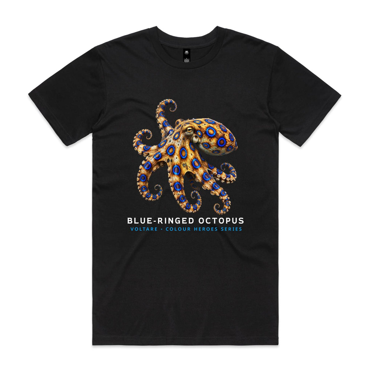Front of the black Voltare Blue-ringed Octopus Colour Heroes Worldwide T-shirt with a golden-brown octopus, vivid blue rings and curling arms.