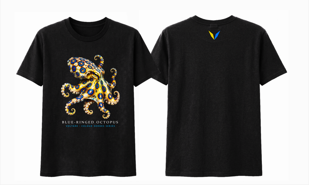 Combined front and back preview of Voltare Black Blue-Ringed Octopus T-shirt with golden-yellow octopus artwork and a yellow-and-blue Voltare V.