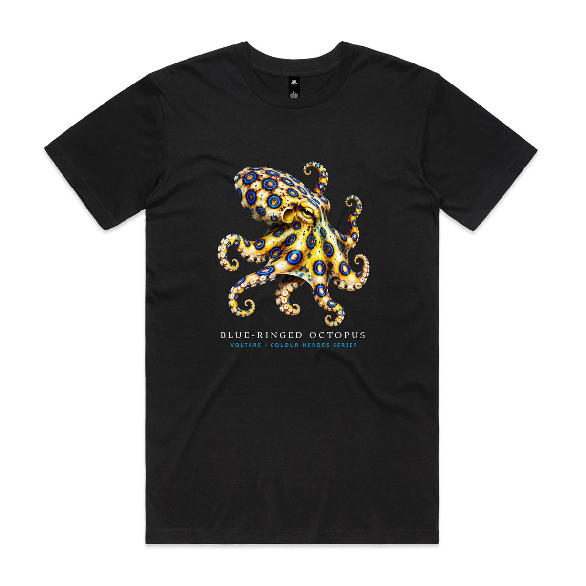 Front of Voltare Black Blue-Ringed Octopus T-shirt featuring a golden-yellow octopus with vivid blue rings and curling arms.