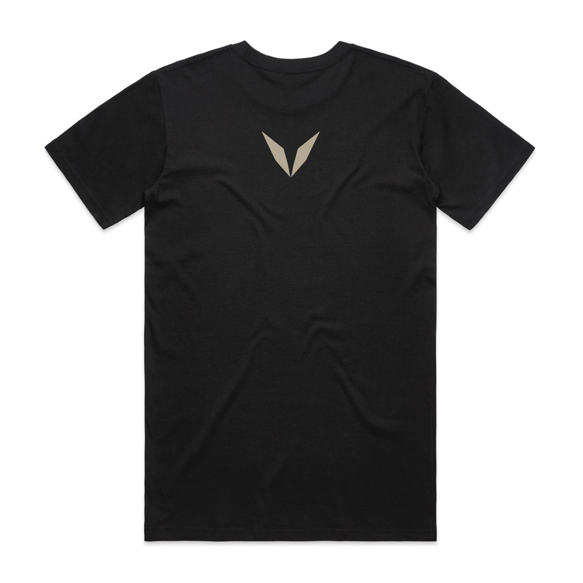 Back of the Black Voltare Boots on the Ground tee with a taupe Voltare V between the shoulder blades