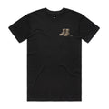 Front of the Black Voltare Boots on the Ground tee with earthy combat-style boots on the left chest