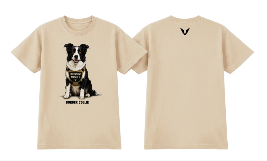 Front and back preview of the Ecru Voltare Border Collie Operations Manager tee, showing dog artwork and lettering on the front and a black V on the back.


