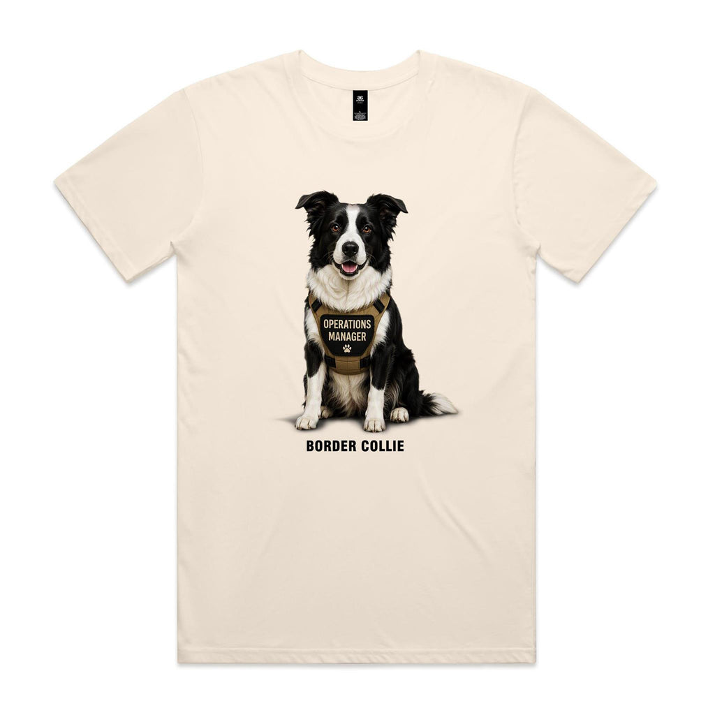 Ecru Voltare adult tee featuring a black-and-white Border Collie wearing a tan harness with an Operations Manager badge, paw-print detail and black Border Collie lettering.