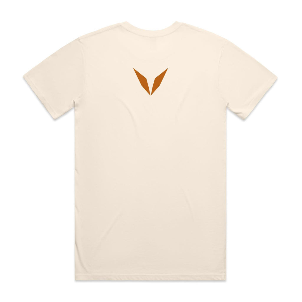 Voltare Boxer The Champ Tee in Ecru, back showing the burnt-orange Voltare V below the neckline.