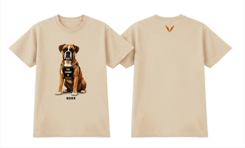 Front and back of the Voltare Boxer The Champ Tee in Ecru, showing Boxer artwork, THE CHAMP harness and burnt-orange back V.