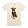 Voltare Boxer The Champ Tee in Ecru, front showing a fawn Boxer wearing a tan THE CHAMP harness above black BOXER lettering.