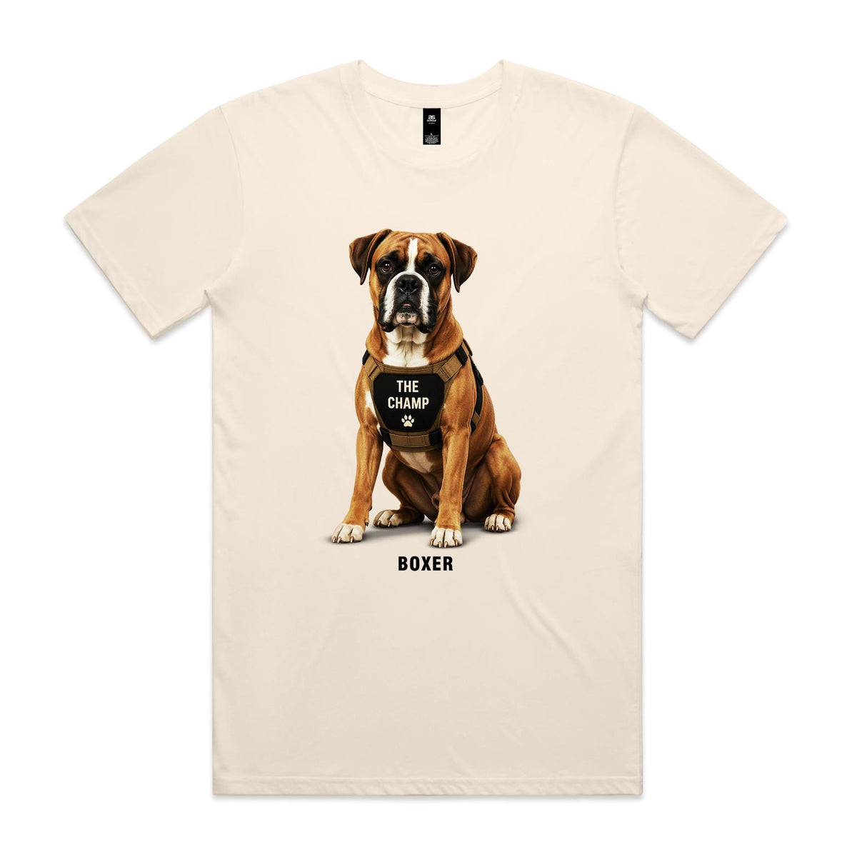 Voltare Boxer The Champ Tee in Ecru, front showing a fawn Boxer wearing a tan THE CHAMP harness above black BOXER lettering.