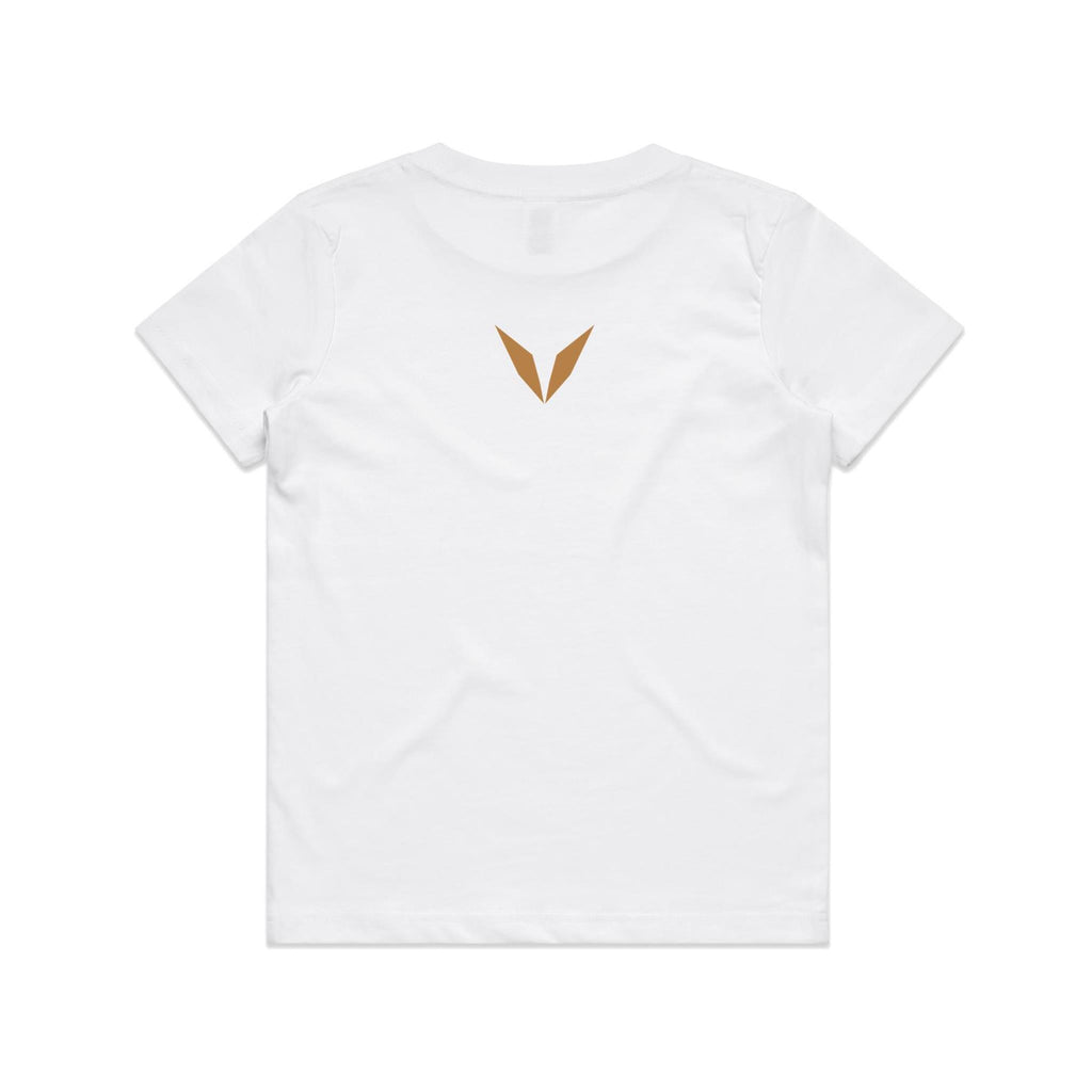 Back of the white Voltare Brachiosaurus kids tee with a golden-tan Voltare V below the neckline.
