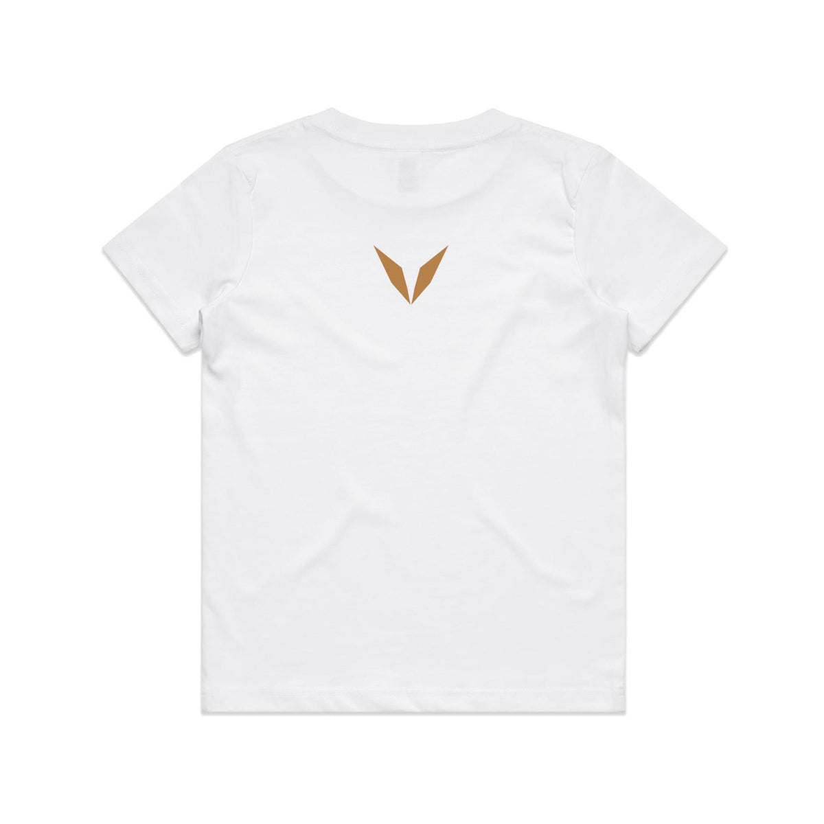 Back of the white Voltare Brachiosaurus kids tee with a golden-tan Voltare V below the neckline.