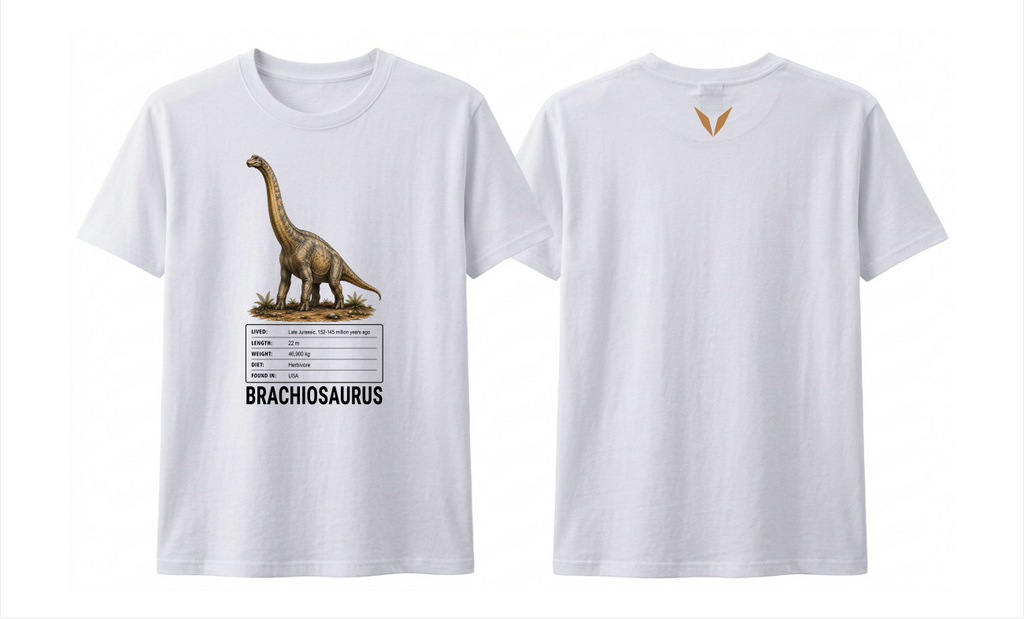 Front and back preview of the white Voltare Brachiosaurus kids tee, showing long-necked dinosaur artwork and facts on the front and a golden-tan V on the back.