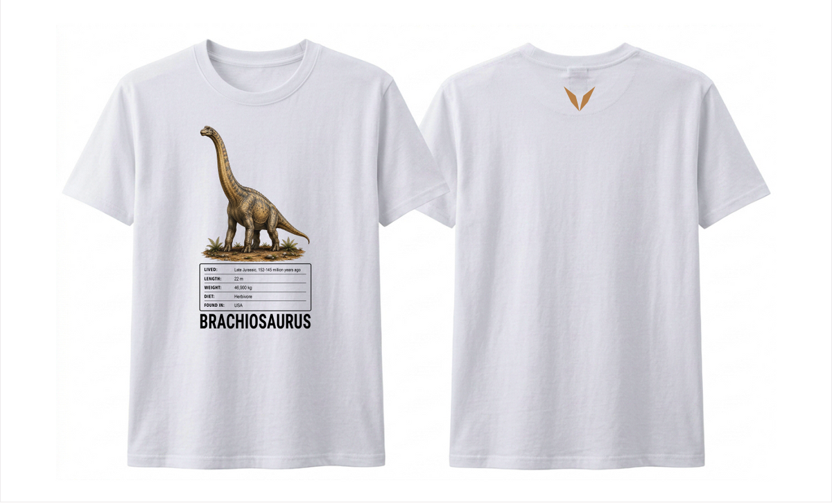 Front and back preview of the white Voltare Brachiosaurus kids tee, showing long-necked dinosaur artwork and facts on the front and a golden-tan V on the back.