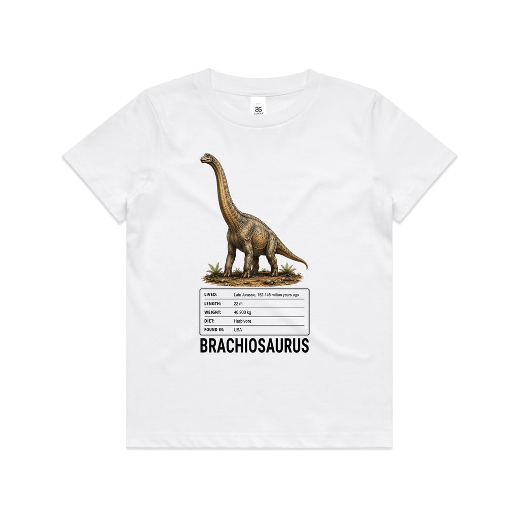 White Voltare kids tee featuring a golden-brown and grey long-necked Brachiosaurus, rocky ground, green ferns, a dinosaur facts panel and black Brachiosaurus lettering.