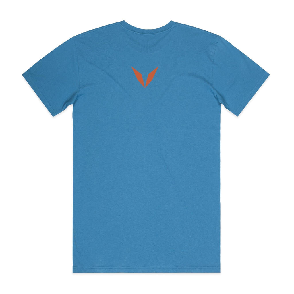 Back of the hydro blue Voltare Brahminy Kite Sky Hunters T-shirt with a small rust-orange Voltare V logo at the upper back.