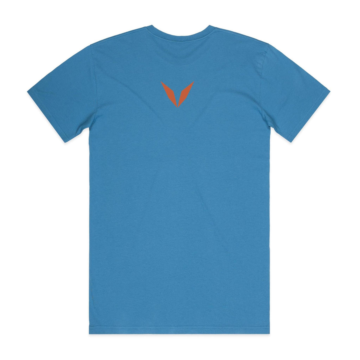 Back of the hydro blue Voltare Brahminy Kite Sky Hunters T-shirt with a small rust-orange Voltare V logo at the upper back.